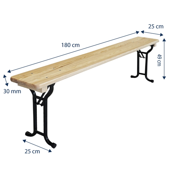 Dimensions des bancs en bois : 180cm de longueur, 25cm de largeur et 49cm de hauteur.