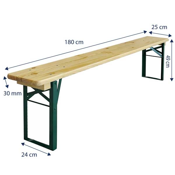 Dimensions des bancs en bois : 180cm de longueur, 25cm de largeur et 49cm de hauteur.