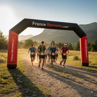 coureurs qui passent sous une arche gonflable